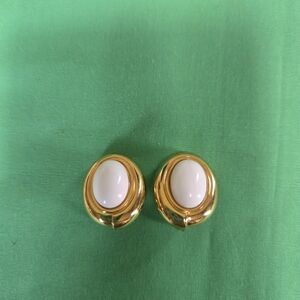 Monet Elegant Gold and White Oval Clip Earrings